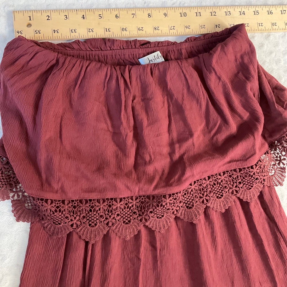 Justily Burgundy Strapless Smocked Lace Ruffled Maxi‎ Dress Medium - Picture 4 of 5